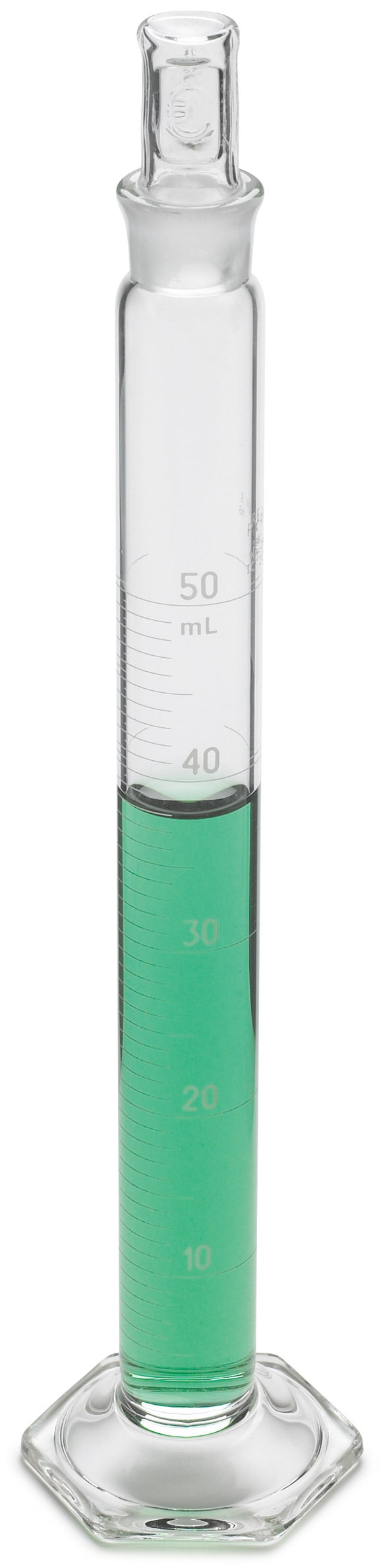 Zylinder, mit Skala, Glas; 50 mL ± 0,4 mL, Teilung 1,0 mL, Glasstopfen Nr. 16